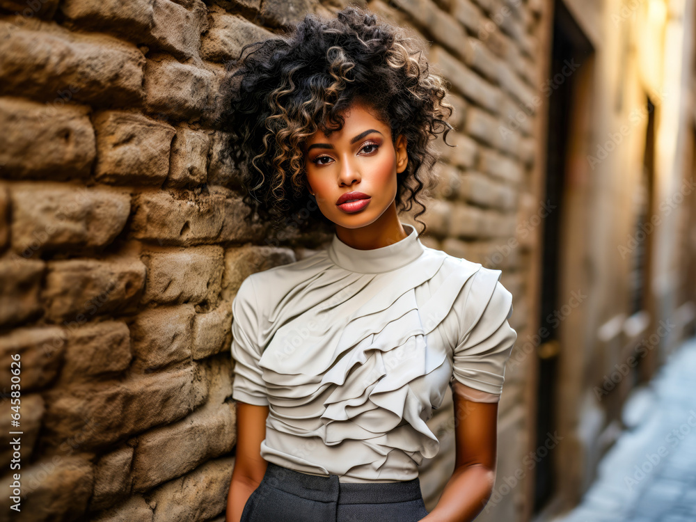 Elegant real estate agent with curly hair, dressed in a modern top and gray trousers, confidently posing next to a brick wall. Elegant real estate agent with curly hair, dressed in a modern top and gray trousers, confidently posing next to a brick wall.
