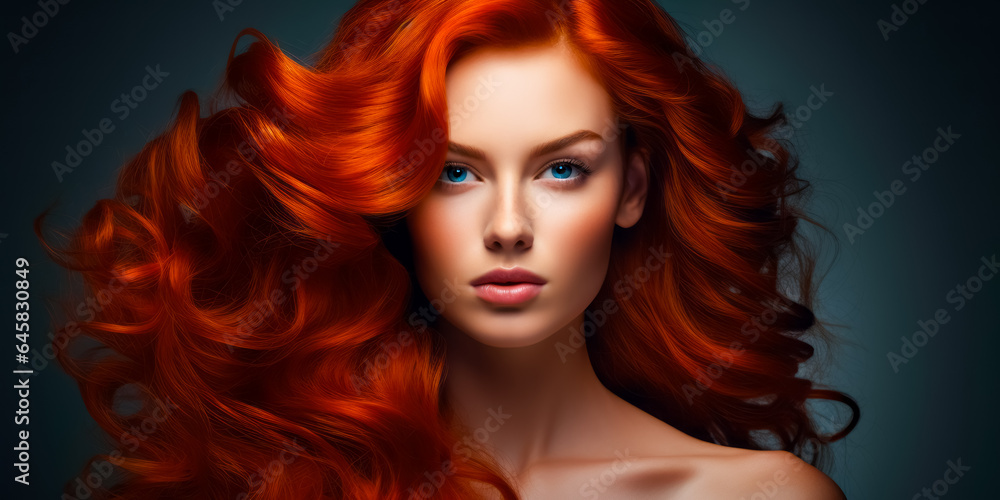 Young red haired woman with voluminous hair, with long, dense, curly hairstyle. hair dye, hairstyle Young red haired woman with voluminous hair, with long, dense, curly hairstyle. hair dye, hairstyle