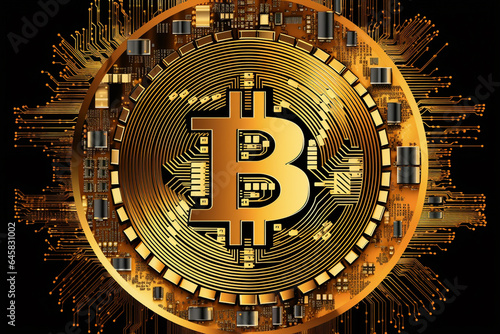 Bitcoin BTC Symbol M  nze mit Computer Blockchain Technologie. Generative Ai.