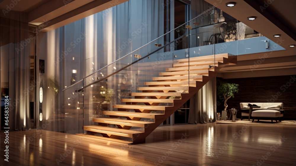 Obraz premium intricate wooden spiral staircase elegant foyer with high ceilings warm lighting architectural details luxurious interior design