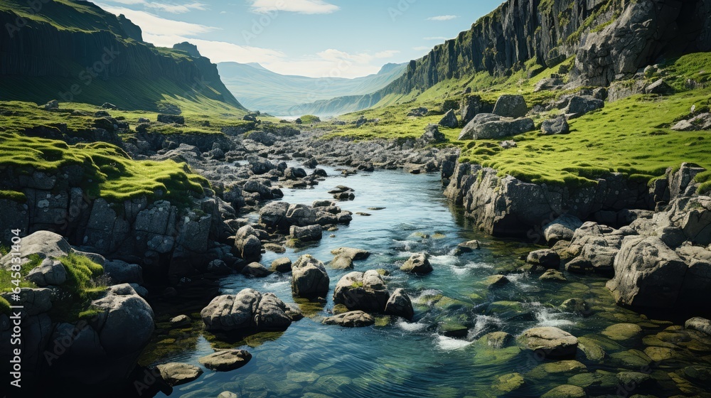 View from above, waterfall flowing through a small river along a mountain valley in Iceland