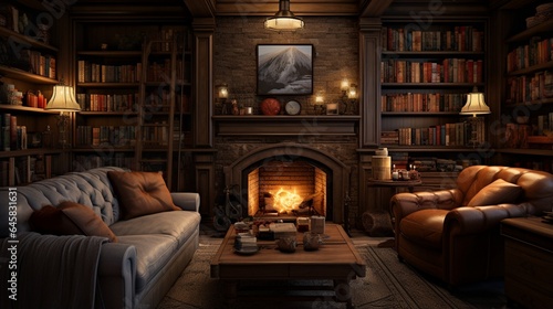 A cozy den with built-in bookshelves and a hidden bar © Adeel  Hayat Khan