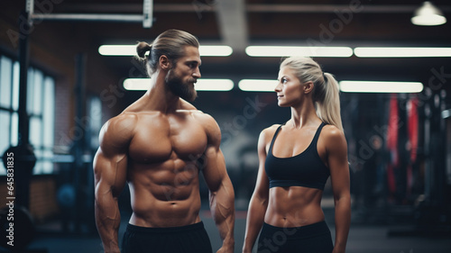 muscular man and woman in sportswear looking at camera and smiling while standing on the background of modern interior