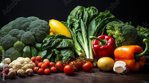 fresh vegetables on a black background. top view.