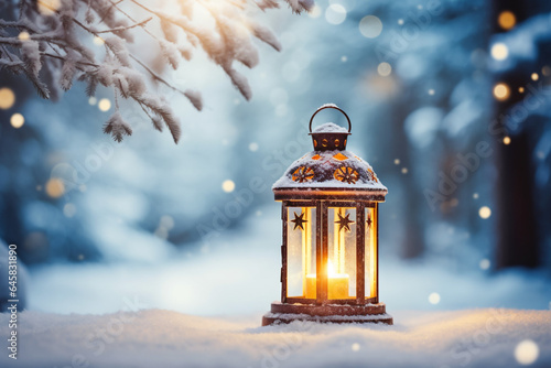 Christmas Lantern On Snow With Fir Branch In Evening Scene. High quality photo © Starmarpro