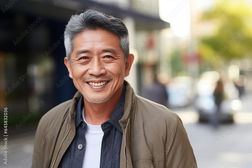 senior asian man with gray hair smiling at the camera outdoors. portrait. High quality photo - obrazy, fototapety, plakaty 