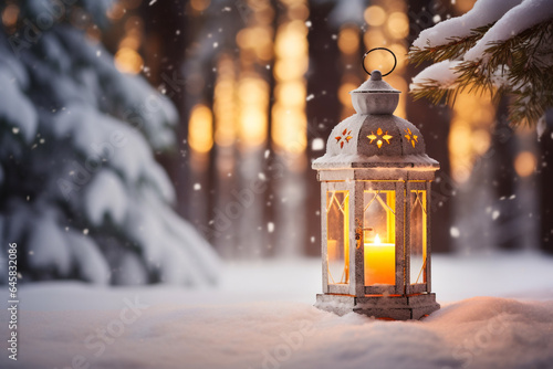 Christmas Lantern On Snow With Fir Branch In Evening Scene. High quality photo © Starmarpro