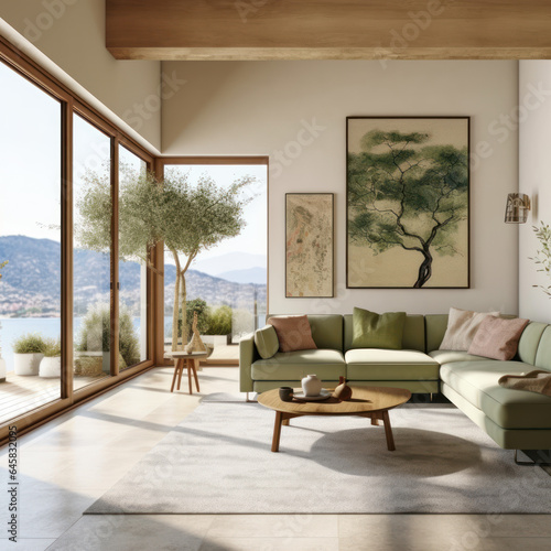  A warm living room with a French window on the left  © Sekai