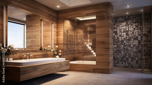 A designer bathroom with a mix of wood and elegant mosaic tiles