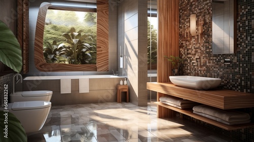 A designer bathroom with a mix of wood and elegant mosaic tiles