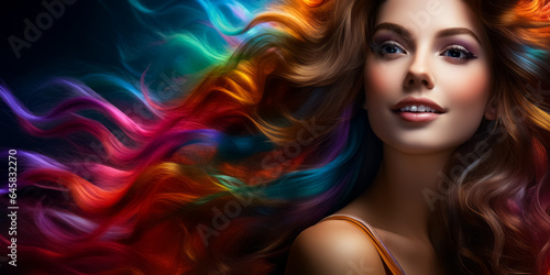 Portrait of young beautiful woman with long flowing perfect healthy dyed hair. Rainbow Hairstyles © zamuruev