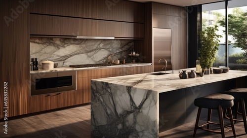 A designer kitchen with a marble backsplash and sleek cabinetry © Adeel  Hayat Khan