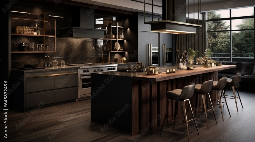A designer kitchen with a mix of dark wood and metallic accents