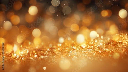 Festlicher Hintergrund aus Goldlichtern und glitzenderen Goldelementen. Textfreiraum. © Fotosphaere
