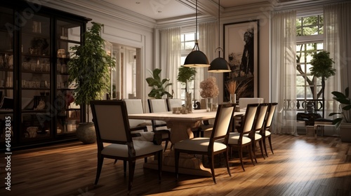 A dining room with a mix of contemporary and traditional furniture