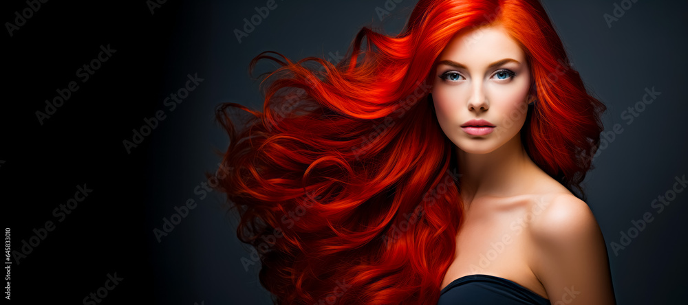 Obraz premium Young red haired woman with voluminous hair, with long, dense, curly hairstyle. hair dye, hairstyle