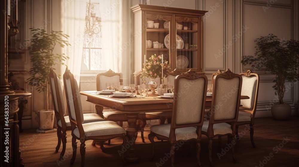 A formal dining room with a classic table setting and elegant chairs