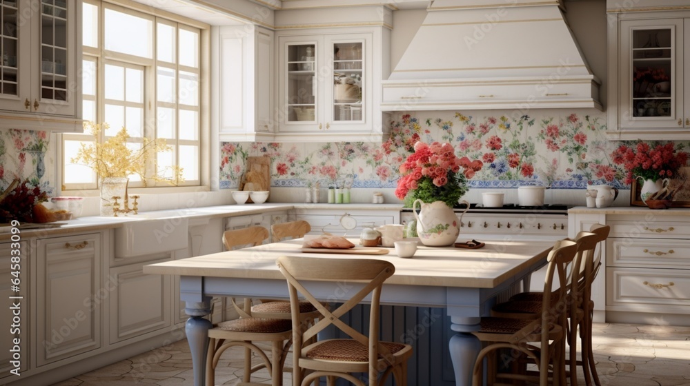 A French country kitchen with white cabinets and floral patterns