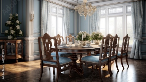 A formal dining room with a classic table setting and elegant chairs © Adeel  Hayat Khan