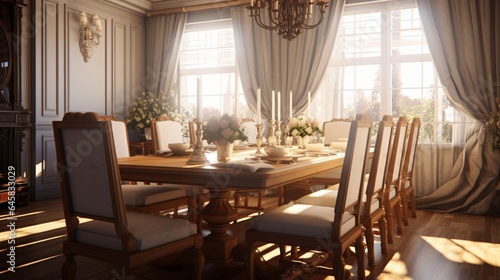 A formal dining room with a classic table setting and elegant chairs