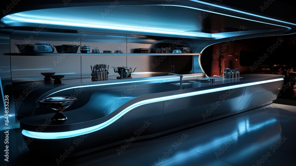 A futuristic kitchen with glossy surfaces and LED under-cabinet lighting A futuristic kitchen with glossy surfaces and LED under-cabinet lighting
