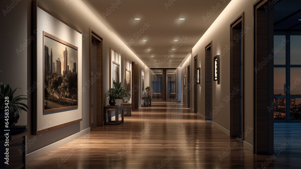 A gallery-style hallway with recessed lighting