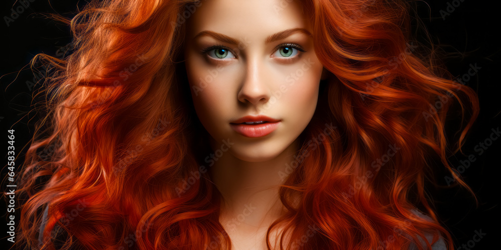 Young red haired woman with voluminous hair, with long, dense, curly hairstyle. hair dye, hairstyle