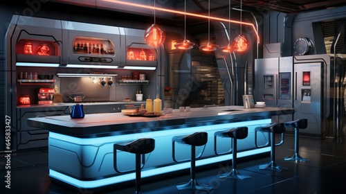 A futuristic urban kitchen with metallic surfaces and neon lighting