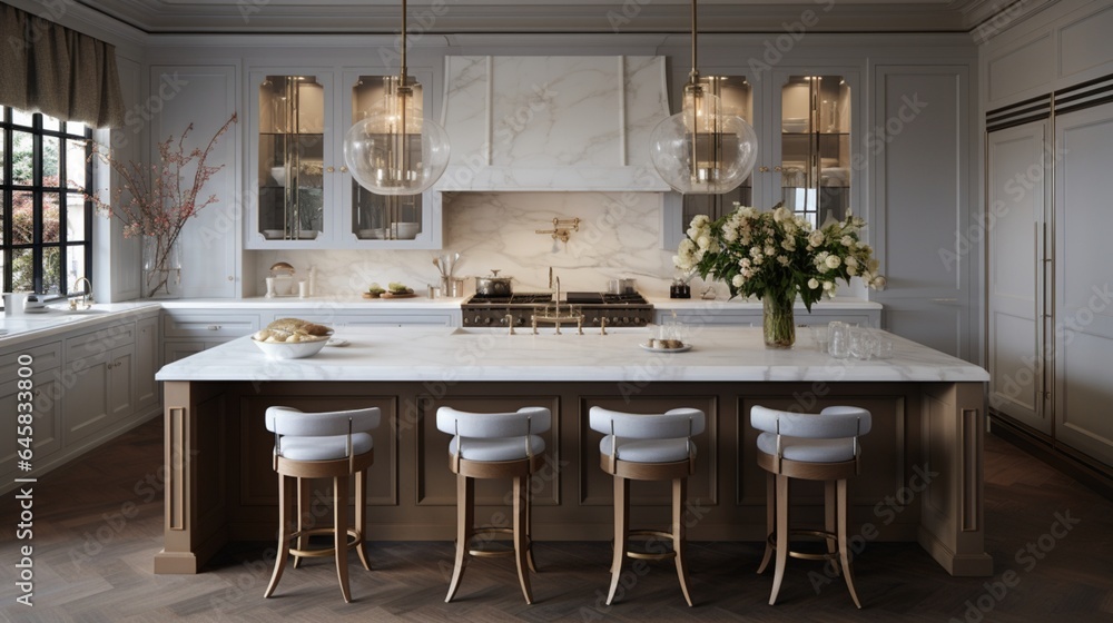 A gourmet kitchen with a marble-topped island and elegant barstools