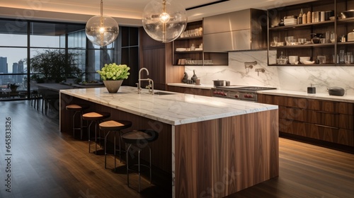 A gourmet kitchen with a marble-topped island and custom cabinetry