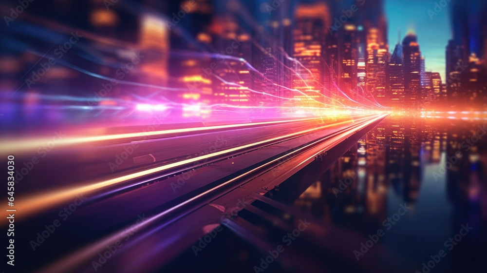 Embark on a nighttime adventure with this bokeh scene, as a train passes by, creating a mesmerizing trail of colorful bokeh lights against a darkened city skyline.
