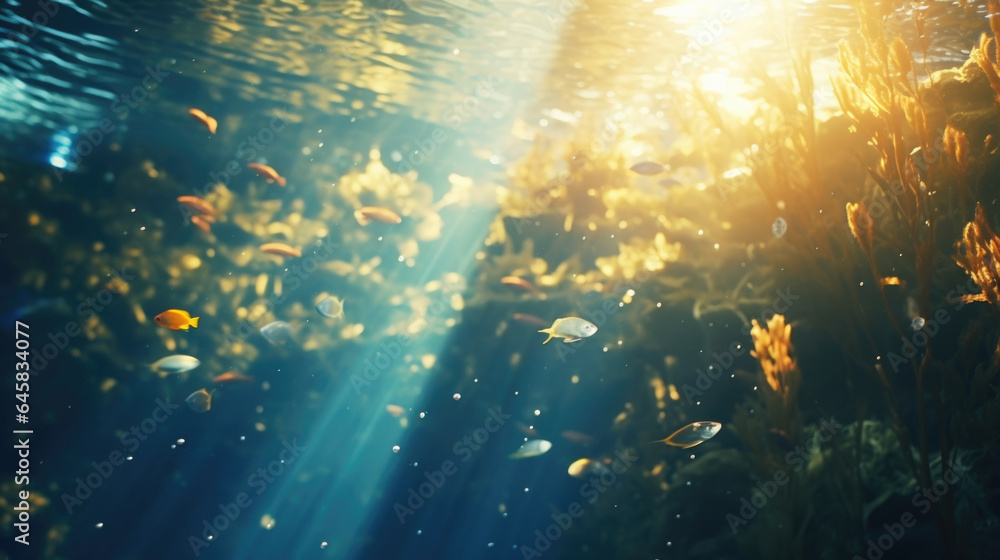 Naklejka premium Underwater bokeh Dive into an underwater wonderland where the play of sunlight and water creates captivating bokeh patterns. This scene allows you to explore the magical depths of the