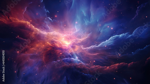 An exploration of the interconnectivity of the universe, this abstract scene presents a celestial journey through swirling galaxies and cosmic dust, reminding us of our place in the vastness