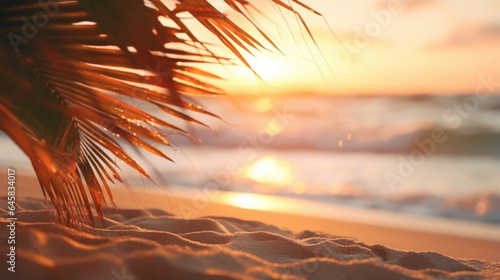 Escape to a serene beach sunset with this bokeh scene, where golden rays of sunlight dance through palm leaves, casting a warm and tranquil ambiance across the sandy shoreline.