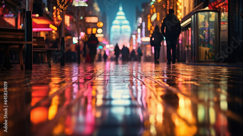 Explore the vibrant world of street photography in this bokeh scene, capturing bustling city streets at night, with colorful bokeh lights reflecting off wet pavements.