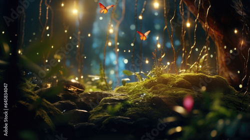 Discover the mystique of a magical forest at twilight through this bokeh scene, where fireflies create a mesmerizing display of ling lights, guiding you through the darkness.