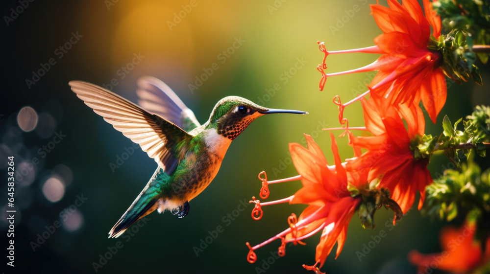 Fototapeta premium Get up close and personal with a hovering hummingbird as it delicately sips nectar from a vibrant, tubular flower in this captivating macro scene.