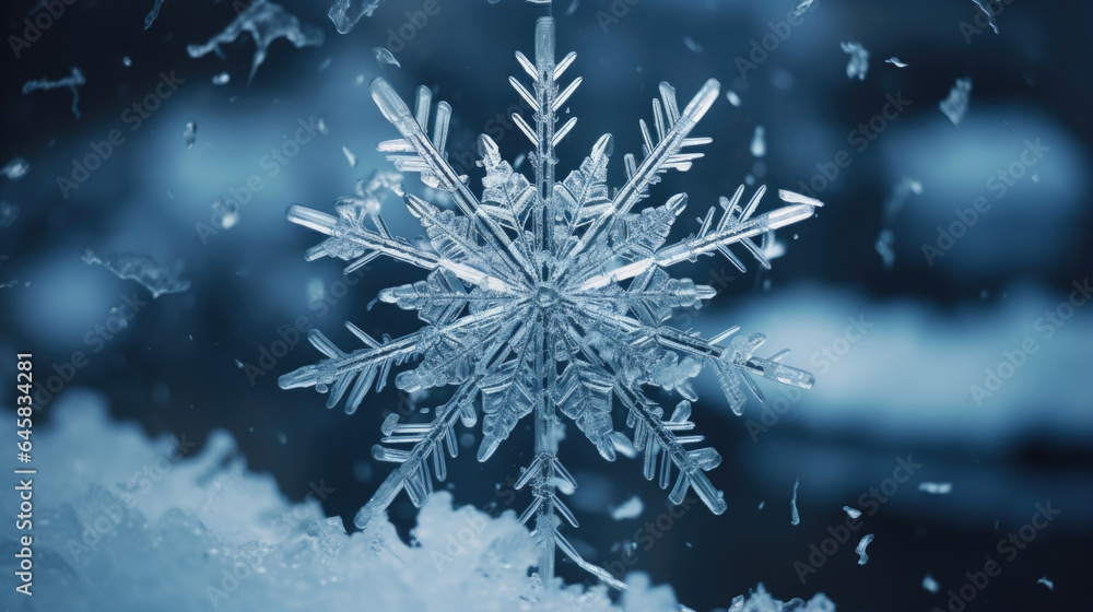 Witness the delicate beauty of a snowflake as it lands on a wintry surface, marveling at the enchanting symmetry of its icy crystal structure. Witness the delicate beauty of a snowflake as it lands on a wintry surface, marveling at the enchanting symmetry of its icy crystal structure.