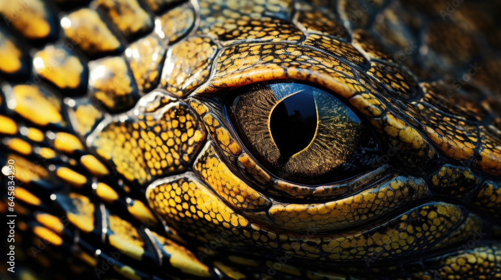 Fototapeta premium Marvel at the incredible textures and patterns of a reptiles skin as it basks in the warm glow of sunlight, showcasing its remarkable camouflage.