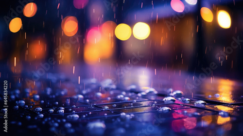 Witness the interplay of rain bokeh and vibrant city life, as droplets dance in the glow of street lamps, capturing the essence of a rainy urban night.