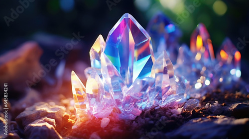 Witness the mesmerizing dance of light in this macro scene featuring crystals and prismatic objects. Experience the vibrant colors and intricate patterns formed through the play of light.