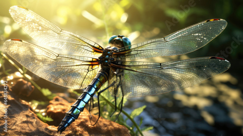 Watch as sunlight filters through the translucent wings of a dragonfly, casting intricate patterns of light and shadow on the surrounding environment.