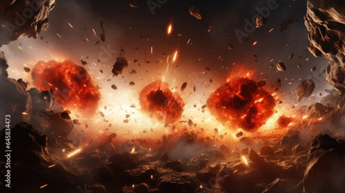 The ground ruptures violently, spewing fiery projectiles into the sky.
