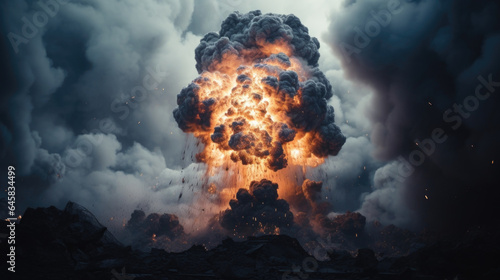 A massive detonation creating a mushroomshaped cloud of black smoke.