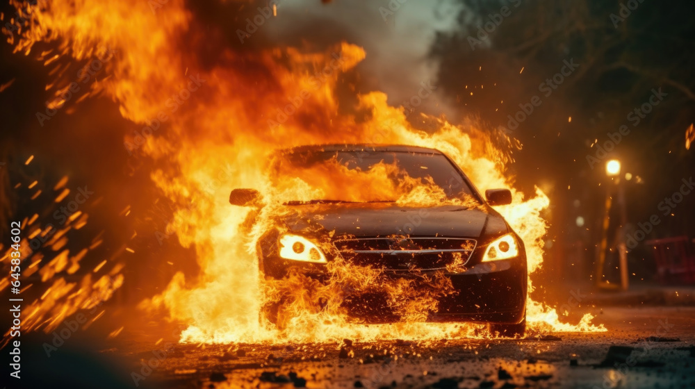 A car explodes into smithereens, with flames leaping into the air.