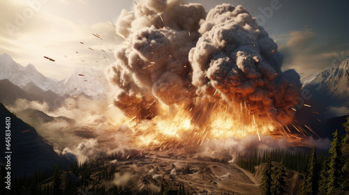 A sudden eruption sends debris soaring through the air, leaving behind a trail of destruction in its wake.