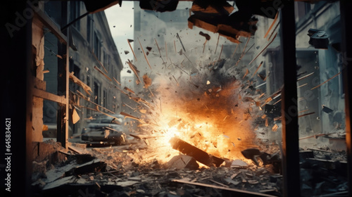 A dramatic detonation tears through a building  causing windows to shatter and walls to crumble.