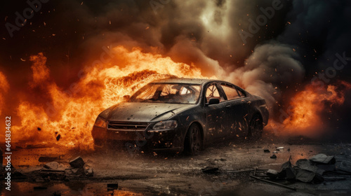 A car engulfed in flames and black smoke after a violent explosion.