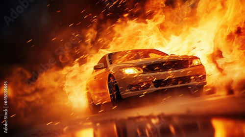 A fiery explosion engulfing a vehicle, casting a turbulent orange glow across the surroundings.
