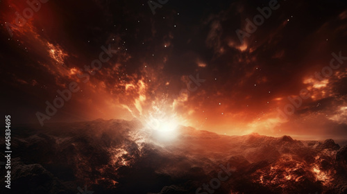 An intense burst of light illuminates the darkened sky  resembling a celestial explosion.